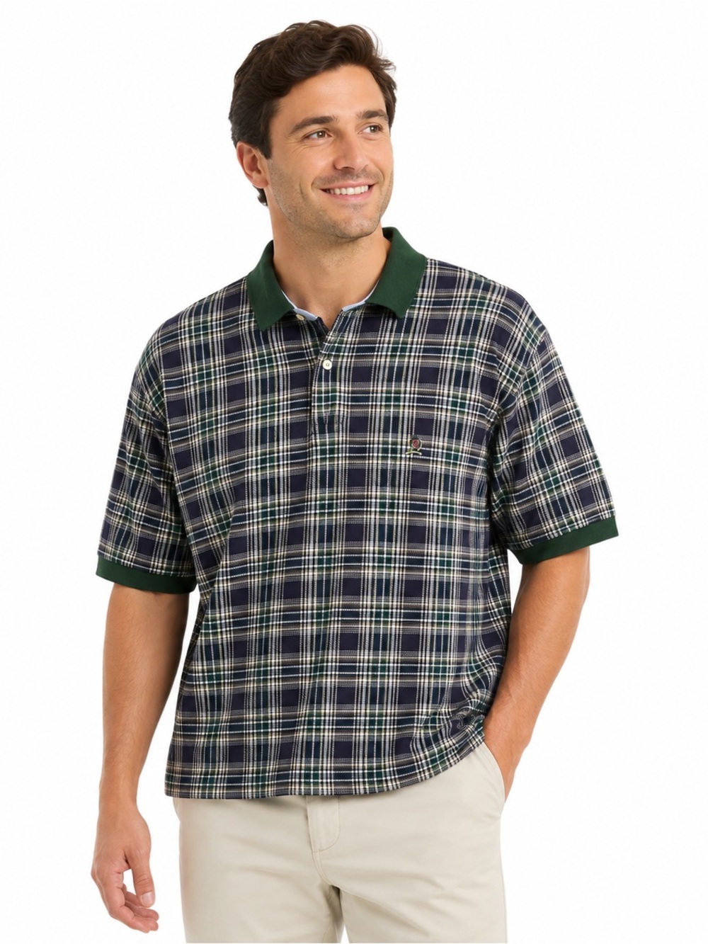 Tommy Hilfiger Vintage Y2K plaid navy green preppy short sleeve polo shirt Large